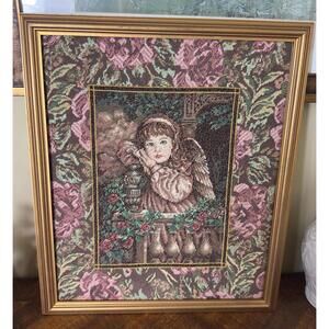 Rare Richardson Tapestry Angel Needlepoint Framed Art, 1997, Dimension Gold